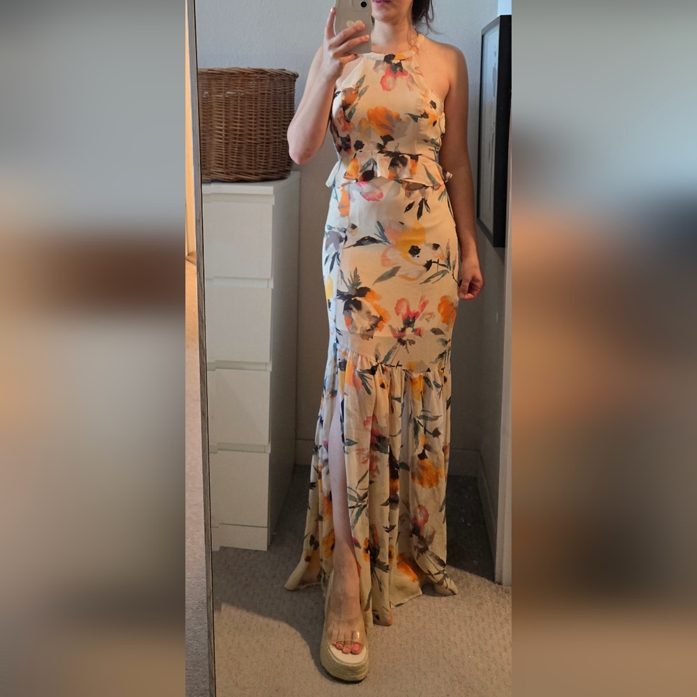 BCBGeneration White and Pink Ruffled Halter Maxi Dress